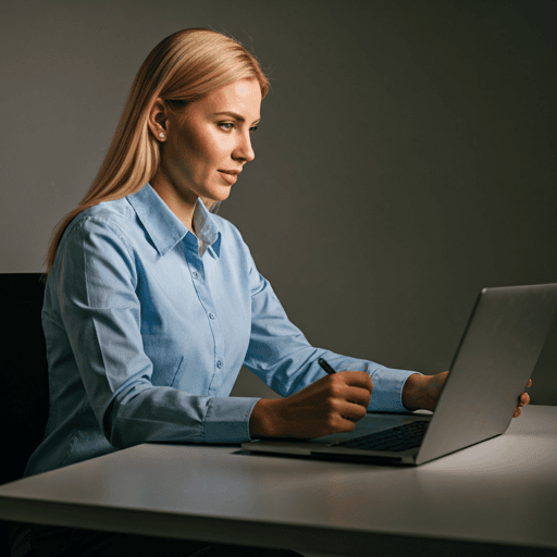 Team member working at a laptop in a high-contrast studio setting